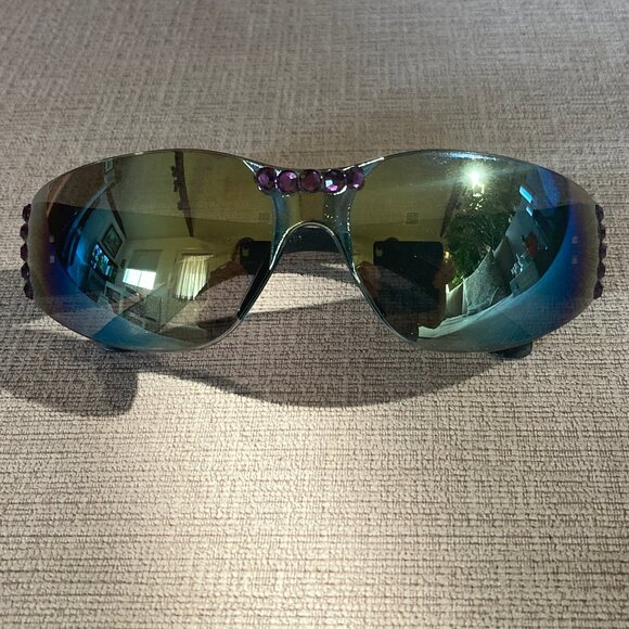 Purple Swarovski Crystals on Gold and Blue Mirror Sunglasses - Unique - unisex - Picture 2 of 13
